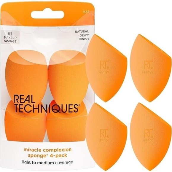 Real Techniques Makeup Sponge 4pc Set Miracle Complexion Blender, Vegan, Orange - Picture 1 of 7